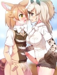 2futas animal_ears big_breasts big_penis black-backed_jackal_(kemono_friends) blonde_hair blush breasts censored clothed clothing cutoffs duo erection erection_under_clothes erection_under_skirt fully_clothed futa_only futanari humanoid humanoid_penis kemono_friends kemonomimi light-skinned_futanari light_skin looking_at_another penis precum precum_through_clothing shirt shorts skirt spotted_hyena_(kemono_friends) standing totokichi white_hair