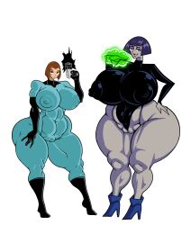 2girls attackheat between_labia biting_lip breasts_bigger_than_head clothing_swap color_swap crossover danny_phantom dc dc_comics female goth grey_skin highleg hyper hyper_ass innie_pussy large_ass latex leotard looking_at_viewer madeline_fenton madeline_fenton_(cosplay) outfit_swap pale-skinned_female practically_nude purple_hair rachel_roth raven_(cosplay) raven_(dc) teen_titans thick_thighs thunder_thighs useless_clothing venus_body white_background