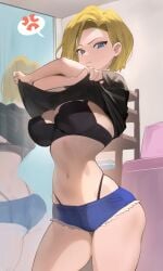 1girls android_18 annoyed ass blonde_hair blue_eyes bra breasts cleavage daisy_dukes dragon_ball dragon_ball_z exposed_thong female female_only hi_res highleg highleg_panties hood_x_art looking_at_viewer mirror reflection short_shorts shorts solo thighs thong_above_shorts thong_straps undressing whale_tail wide_hips