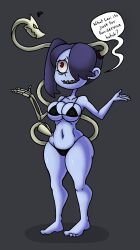 1girls 2020s 2021 4_fingers 4_toes belly belly_button bikini blue_skin bone bones breasts collarbone color dialogue english_text eye_bags feet female female_only ghostlydoodles grey_background hair_over_one_eye leviathan_(skullgirls) midriff navel red_eyes shiny shiny_belly shiny_breasts shiny_skin shiny_thighs shrug skullgirls speech_bubble spookyryder squeezing_butt squigly thighs worried worried_expression