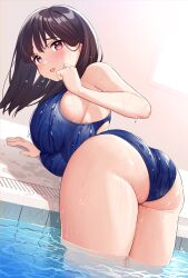 1girls ass breasts brown_hair female female_only hi_res large_ass large_breasts looking_at_viewer looking_back one-piece_swimsuit original partially_submerged pink_eyes pool sideboob solo surumenium swimsuit thick_thighs thighs water wet