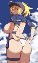 1girls 2022 ahoge artoria_pendragon ass ass_focus ass_shot back back_view backboob bikini blonde_hair blue_eyes blush breasts bubble_butt cropped_jacket fate/grand_order fate_(series) female female_only hat hips huge_ass huge_breasts imuzi jacket looking_at_viewer medium_hair mysterious_heroine_xx_(foreigner) outdoors ponytail reaching_back sideboob slim_waist thick_thighs thighs topless topless_female white_bikini wide_hips