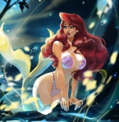 1girls ariel blue_eyes disney disney_princess large_breasts long_hair mermaid milf red_hair royalty seashell_pasties tattiart the_little_mermaid thong transformation underwater voluptuous