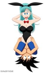 1boy 1boy1girl 1girls alien_boy black_eyes black_hair blue_eyes bulma_(bunny) bulma_briefs bunnysuit dragon_ball dragon_ball_(classic) female human_girl light-skinned_female light_skin male male/female saiyan saiyan_tail satoshi_takei sex son_goku son_goku_(young) teenage_boy teenage_girl