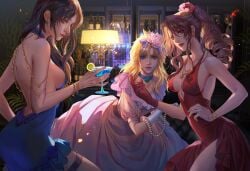 3girls aerith_gainsborough big_breasts blonde_hair cloud_strife cloudette_strife cocktail detailed_background dress fan_yang female female_only final_fantasy final_fantasy_vii final_fantasy_vii_remake flower party rule_63 sideboob square_enix tifa_lockhart