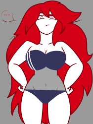 ... artist_unknown looking_down_at_viewer overly_sarcastic_productions red_(overly_sarcastic_productions) red_hair speech_bubble sports_bra tagme