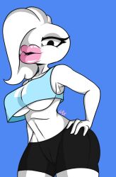 big_breasts black_eyeshadow black_shorts blue_shirt cleavage female human kissable_lips laxmye long_eyelashes long_white_hair pink_lips puffy_lips stonetoss underboob underboob_shirt white_body white_hair white_hands white_skin