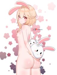 animal_ears arms_behind_back artist_logo ass blonde_hair blush braid breasts female flower french_braid from_behind hair_flower hair_ornament highres indie_virtual_youtuber lewdlux lewdlux_(vtuber) looking_at_viewer looking_back nipples nude rabbit_ears rabbit_girl rabbit_tail red_eyes small_breasts smile solo standing stuffed_animal stuffed_bunny stuffed_toy tail virtual_youtuber