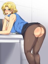 bent_over bent_over_table blonde_hair blush clothing earrings gainax gureko_rouman large_breasts lipstick looking_at_viewer mole mole_under_eye neon_genesis_evangelion office_lady pantyhose ritsuko_akagi short_hair skirt standing tagme wet