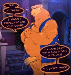 2022 anthro balls bear_in_the_big_blue_house belly big_belly clothed clothing daxhush english_text erection genitals male mammal overweight overweight_male penis solo text ursid