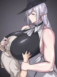 1boy 1girls arknights breast_grab breasts female femdom gentle_femdom gigantic_breasts gladiia_(arknights) head_between_breasts huge_breasts humanoid love321 male motorboating pointy_ears red_eyes white_hair