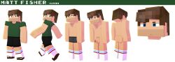 1boy 3d 3d_(artwork) ass back_view balls blue_eyes brown_hair clothed clothing concept_art facial_hair front_view human male matt_fisher_(slipperyt) minecraft nude partially_clothed penis pubes shirt short_sleeves shorts side_view simple_background slippers slipperyt socks solo solo_male testicles white_background