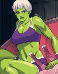 1girls 2d alien cheelai dragon_ball dragon_ball_super dragon_ball_super_broly green-skinned_female green_skin large_breasts looking_at_viewer purple_eyes short_hair sports_bra triplexmile underwear underwear_only white_hair