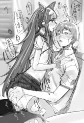 1boy 1girls bangs blush bodily_fluids clothed clothed_sex danganronpa danganronpa_2:_goodbye_despair drawing female flat_chest hinata_hajime japanese_text long_hair male mioda_ibuki miyoichi_(tjuc8378) monochrome nipples penis sex sitting straight straight_hair thighhighs thighs translation_request