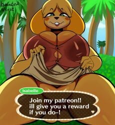 1girls 2022 animal_crossing anthro ass_visible_through_thighs big_breasts breasts button_gap canid canine canis clothed clothing dialogue english_text female female_only fur furry furry_only hi_res isabelle_(animal_crossing) isolatedartest large_breasts nintendo shih_tzu solo solo_female speech_bubble tagme talking_to_viewer text thick_thighs wide_hips