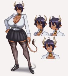 bovid bovid_humanoid bovine bovine_humanoid character_sheet cleavage cow_ears cow_girl cow_like cowbell dark-skinned_female digital_media_(artwork) dress_shirt expression_sheet expressions female female_only horn hourglass_figure huge_breasts id_card original_character puffed_cheeks shoes short_hair skirt smile smiling smiling_at_viewer solo standby tail thick_thighs thighhighs voluptuous white_shirt wink zettai_ryouiki