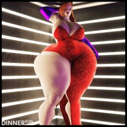 1girls 3d clothing cosplay daz3d dinner-kun dress female jessica_rabbit_(cosplay) mini_giantess orange_hair red_dress redhead scarlet_(dinner-kun) thick_thighs wide_hips