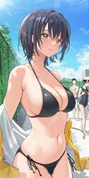 1boy 2girls bikini black_hair breasts brown_eyes cleavage female female_focus hi_res large_breasts original solo surumenium swimsuit wet