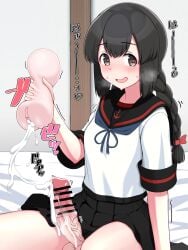 1futa absurdres after_masturbation after_orgasm anchor_symbol artificial_vagina balls bar_censor bed_sheet black_eyes black_hair black_sailor_collar black_skirt blush bottomless braid breasts censored clothed clothing cum erection eyebrows_visible_through_hair futa_only futa_with_female futanari hair_between_eyes heart heart-shaped_pupils highres human isonami_(kantai_collection) kantai_collection light-skinned_futanari light_skin long_hair mostly_clothed motion_lines open_mouth penis pleated_skirt remodel_(kantai_collection) sailor_collar school_uniform serafuku sex_toy short_sleeves skirt smile solo symbol-shaped_pupils tsusshi tussy twin_braids