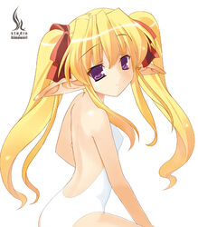 blonde_hair casual_one-piece_swimsuit elf female female_only halterneck himukai_kyousuke looking_back one-piece_swimsuit pointy_ears purple_eyes simple_background smile solo swimsuit tied_hair twintails white_swimsuit