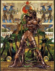 1girls bandage bandages black_hair bondage breast_press breasts dark_skin egyptian fellatio galgrease green_eyes hips jackal large_breasts lowres oral pubic_hair pussy pyramid shiny shirou_masamune shirow_masamune snake tentacle thighs tied_up topless wild_wet_quest