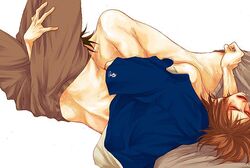 2boys 69 69_position bl black_hair blue_shirt blush brown_hair cock_suck death_note fellatio flustered gay gay_sex half-dressed hand_on_ass hand_on_leg hand_on_thigh lack male male/male male_only moaning multiple_boys nagoya_haruko oral oral_penetration oral_sex penis shirt_lift shirtless simple_background struggling sucking sucking_penis sweat topless undressing yaoi