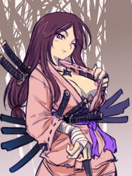 bandage bandages big_breasts breasts female female_only forest japanese_clothes jewelry katana kunai large_breasts lipstick long_hair makeup michael_f91 nail_polish nature necklace ninja nipple_slip nipples no_bra open_clothes open_shirt original original_character purple_eyes purple_hair sheath sheathed shirt shuriken sketch solo solo_female sword weapon wink