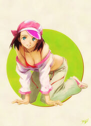 1girls all_fours blue_eyes breasts cleavage eureka_7 eureka_seven eureka_seven_(series) female gidget_(eureka_seven) highres kneeling kobayashi_yuji kobayashi_yuuji pants smile solo