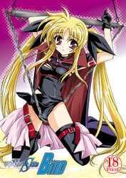 arms_up belt black_legwear black_thighhighs blonde_hair blush bondage cape chains cover crotch_rope doujinshi fate_testarossa gloves hair_ribbon kanna_(plum) kneeling leotard long_hair lyrical_nanoha magical_girl mahou_shoujo_lyrical_nanoha no_bra plum_(artist) red_eyes ribbon solo strap thighhighs tied_hair torn_clothes twintails very_long_hair zettai_ryouiki