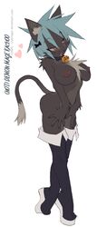 animal_ears bell bell_collar big_breasts black_skin blue_hair boots bow breasts cat_ears cat_tail collar crybringer cute_fang dark_skin demon_mages furry heart jason_robinson kachoo large_breasts nipples nude original platforms simple_background spiked_hair standing tail thigh_boots thighhighs topless yellow_eyes