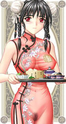 bamboo_steamer braid breasts bun_cover china_dress chinadress chinese_clothes dim_sum double_bun food hair_bobbles hair_ornament nikuman nipples pubic_hair pussy red_eyes see-through teapot waitress yumenosuke