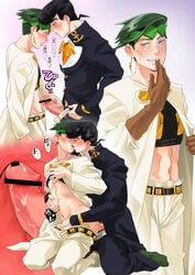 2boys being_undressed black_hair black_pants diamond_is_unbreakable jojo's_bizarre_adventure josuke_higashikata male male_only multiple_boys multiple_positions orange_shirt penis rohan_kishibe shirt_lift white_pants yaoi