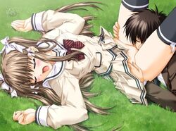 blush bow brown_hair closed_eyes cunnilingus game_cg hairbow lost_passage no_panties oral school_uniform seifuku serafuku skirt solo thighhighs yamabuki_sayuki zettai_ryouiki