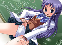 1futa blue_eyes blush bow bow_panties bulge censored chalkboard clothing cum futa_only futanari futari_wa_precure futari_wa_pretty_cure hair_ornament hairclip intersex labcoat long_hair panties pantyshot penis precum precure pretty_cure purple_hair school_uniform serafuku skirt solo sweat tear underwear white_panties yukishiro_honoka