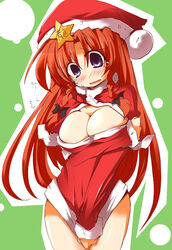 1girls blush breasts bursting_breasts christmas cleavage covering covering_crotch female hong_meiling large_breasts santa_costume shirogane_(platinum) shirt_tug solo touhou