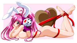 1girls animal_ears barefoot breasts bunny_ears bunny_girl chocolate chocolate_heart di_gi_charat dice digi_charat_nyo feet female heart heart_gallery imai_kazunari large_breasts naked_ribbon nude on_stomach pink_hair red_eyes ribbon soles solo the_pose toes usada_hikaru valentine