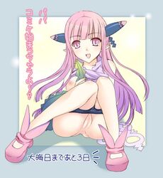 1girls black_panties breasts female happy kizuki_aruchu long_hair milreaf no_bra open_mouth panties panty_pull pink_eyes pink_hair pussy shirt_lift sitting solo summon_night summon_night_4 uncensored underwear