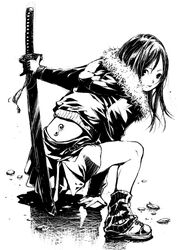 haku_(artist) katana long_hair monochrome original sword tattoo weapon