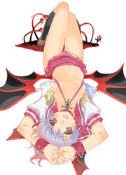 arms_up bikini bondage capcom clothing collar cross cuffs darkstalkers demon_girl flat_chest footwear happy head_wings headwings hip_wings kneehighs lavender_hair leg_lift lilith_aensland lying mibu_natsuki open_clothes open_shirt panties purple_eyes red_panties school_uniform seifuku serafuku shirt short_hair skirt skirt_lift sling_bikini small_breasts socks solo string_bikini succubus swimsuit underwear upside-down wings