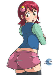 ass blush looking_back mayl_sakurai mega_man mega_man_battle_network mega_man_nt_warrior red_hair skirt stockings