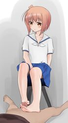 1boy 1girls barefoot blue_skirt blush brown_eyes brown_hair feet female footjob ichinose_hana open_mouth parted_lips sitting skirt slow_start stool toes