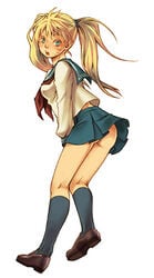 ass black_socks blonde_hair blush brown_loafers canon_genderswap check_artist clothes color female female_only footwear hair human knee_socks kneehighs kneesocks kobashi loafers long_hair lowres naruko naruto no_panties rule_63 school_uniform seifuku serafuku sexy_no_jutsu shoes side_view skirt socks solo tan_skin tied_hair twintails uzumaki_naruto white_background