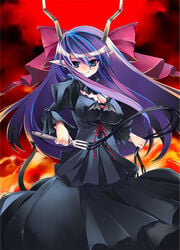 aburidashi_zakuro blue_eyes bow breasts cleavage demon_girl demon_tail dress fire hairbow horns large_breasts long_hair ma_ga_ochiru_yoru pointy_ears purple_hair sheliss_elleness_zurbach smile solo tail whip