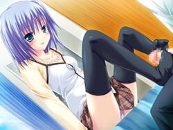 aqua_eyes black_legwear black_thighhighs blue_hair blush censored dutch_angle feet footjob footjob_with_footwear game_cg kirizaki_yukari panties penis short_hair skirt solo thighhighs underwear zettai_imouto_shijou_shugi