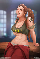 2d :p abs blush breasts brigitte brigitte_lindholm cleavage female female_only koshio looking_at_viewer overwatch panties solo tattoo tongue tongue_out