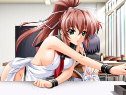 apron areola_slip areolae arm_support armpits back bangs between_breasts black_hair breast_press breasts chair clothes_between_breasts erect_nipples game_cg green_eyes hadaka_apron_gakuen hair_between_eyes hair_ribbon high_ponytail indoors kazuma_muramasa large_breasts leaning_forward light long_hair looking_at_viewer mound_of_venus multiple_girls naked_apron necktie nipple_slip nipples open_mouth outstretched_arm outstretched_hand payot pink_hair ponytail reaching ribbon school_uniform serafuku short_hair sideboob sitting sunbeam sunlight surprised table takahashi_tomoko_(hadaka_apron_gakuen) tied_hair window wristband