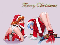 2girls 4:3 ass asuka_langley_sohryu blue_hair blush boots christmas clothing female female_only hands_reach_floor lowres multiple_girls neon_genesis_evangelion panties rei_ayanami shibata_masahiro thomas_and_friends thomas_the_tank_engine top-down_bottom-up underwear white_panties