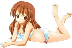 asahina_mikuru barefoot bow bow_panties bra feet female female_only frilled_panties frills human lingerie lying michii_yuuki on_stomach panties soles solo suzumiya_haruhi_no_yuuutsu the_pose toes underwear underwear_only white_bra white_panties