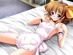 1girls apron arm_garter armpits bangs bed bed_sheet blue_eyes blush bookshelf bow breasts brown_hair carpet character_request choker dutch_angle erect_nipples female frills from_above game_cg hadaka_apron_gakuen hair_between_eyes hair_ribbon hairbow indoors kazuma_muramasa looking_at_viewer lying naked_apron naughty_face niwa_takami on_back payot pillow ribbon sheets short_hair sideboob smile solo tear