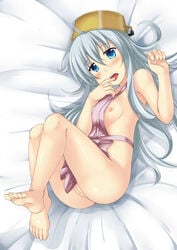 apron bare_legs blue_eyes blush breasts cleft_of_venus erect_nipples female hibiki_(kantai_collection) hoshizuki_(seigetsu) kantai_collection looking_at_viewer naked_apron nipples open_mouth pot_on_head silver_hair small_breasts solo tongue tongue_out